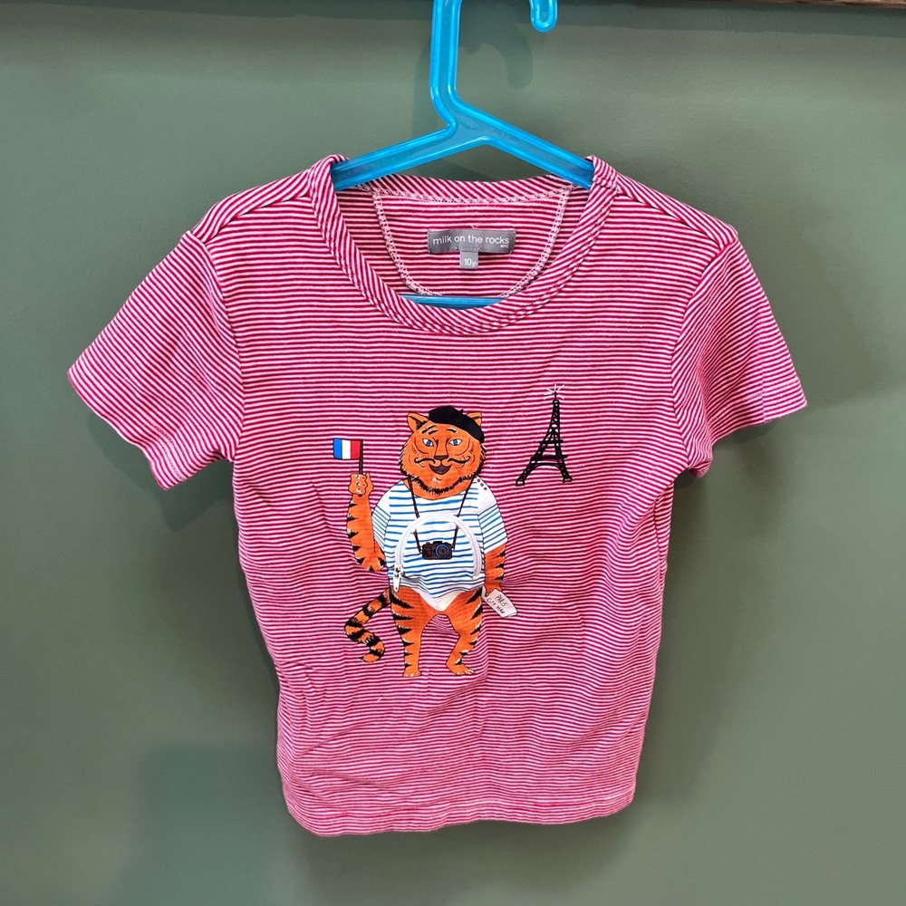 Milk‎ on the Rocks Kids T-Shirt Paris Tiger Print Red Stripe Size 10y